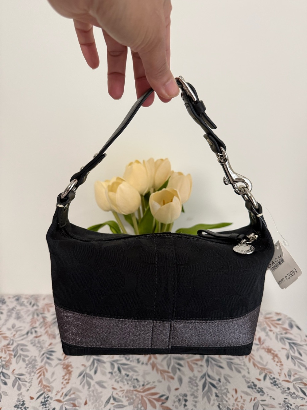 New!! Coach Black Signature Canvas Shoulder Bag with Metallic Accent